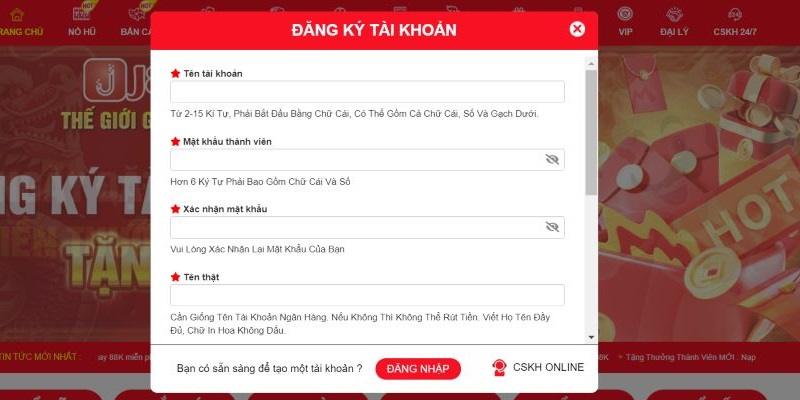 Giao diện biểu mẫu đăng ký J88 dành cho hội viên tạo tài khoản 